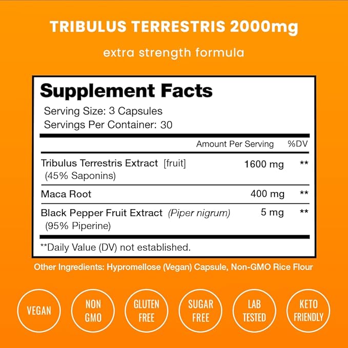 Tribulus Terrestris for Men | 2000mg Supplement Booster for Energy, Vitality, Stamina & Performance | Extra Strength Saponins | Maca & Black Pepper Extract for Enhanced Absorption | 90 Vegan Capsules