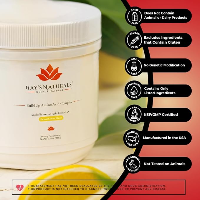 Hay's Naturals BuildUp - Advanced Amino Acid Complex | BCAA Powder with All Essential Amino Acids for Lean Muscle Growth, Enhanced Strength & Recovery | 30 Servings |Natural Lemon Flavoring