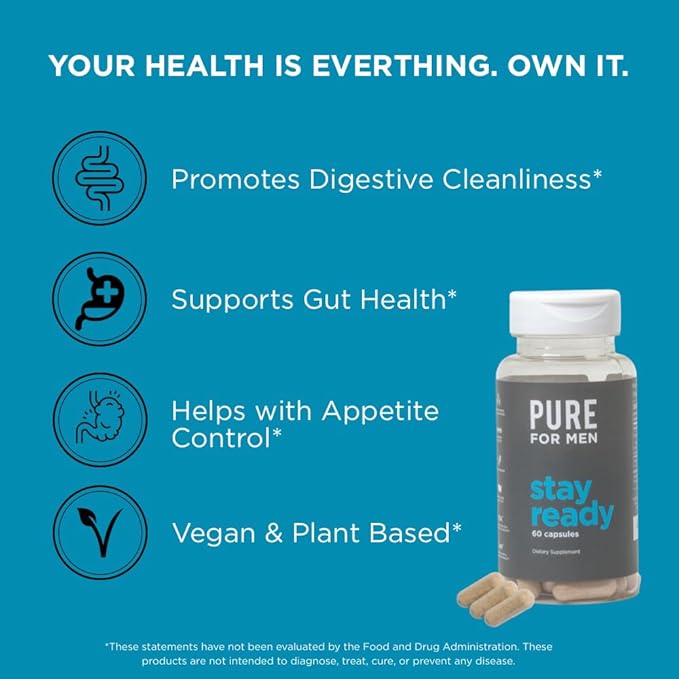 Pure for Men Original Cleanliness Stay Ready Fiber Supplement | Helps Promote Digestive Regularity | Psyllium Husk, Aloe Vera, Chia Seeds, Flaxseeds | Proprietary Formula | 60 Vegan Capsules