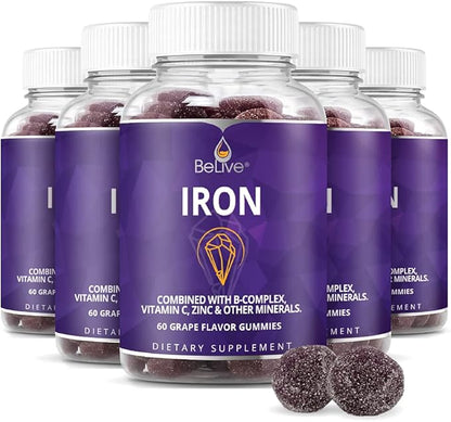 BeLive Iron Gummies - Multivitamin Iron Supplement with Vitamin C, A, B & Zinc, Supports Blood Oxygen, Vegan Iron Supplements for Women, Men & Kids for Growth and Development - Grape Flavor | 5-Pack