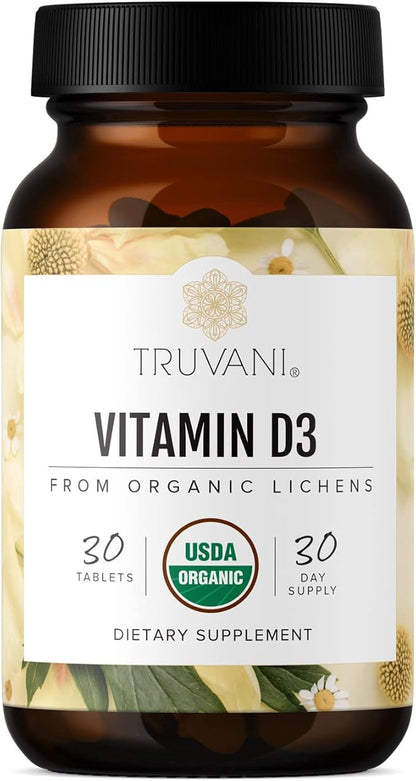 Truvani Organic Vitamin D3 - Plant-Based, USDA Organic, Gluten-Free, Non-GMO, Vegan D3 Supplement - Supports Bone, Immune & Brain Health - 30 Tablets