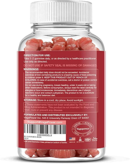 Vegan Iron Gummies Supplement - with Vitamin C, A, B-Complex, Folate, Zinc for Adults & Kids - Blood Builder & Energy Support for Iron Deficiency, Anemia, No After Taste - Peach Flavor (90 Ct)