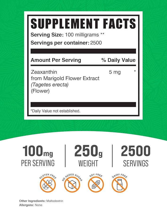 BulkSupplements.com Zeaxanthin Powder - Zeaxanthin Supplements, from Marigold Flower Extract - Gluten Free, 100mg (Zeaxanthin 5mg) per Serving, 250g (8.8 oz) (Pack of 1)