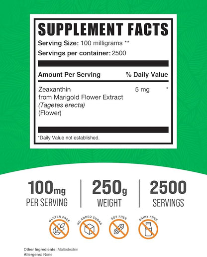 BulkSupplements.com Zeaxanthin Powder - Zeaxanthin Supplements, from Marigold Flower Extract - Gluten Free, 100mg (Zeaxanthin 5mg) per Serving, 250g (8.8 oz) (Pack of 1)