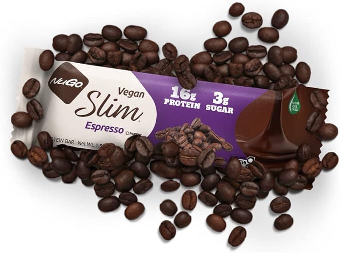 NuGo Slim Dark Chocolate Espresso, 16g Vegan Protein, 3g Sugar, 7g Fiber, 170 Calories, Low Net Carbs, Gluten Free, 12 Count