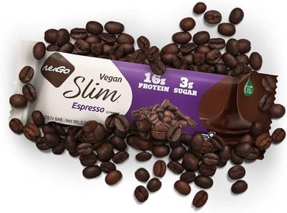 NuGo Slim Dark Chocolate Espresso, 16g Vegan Protein, 3g Sugar, 7g Fiber, 170 Calories, Low Net Carbs, Gluten Free, 12 Count