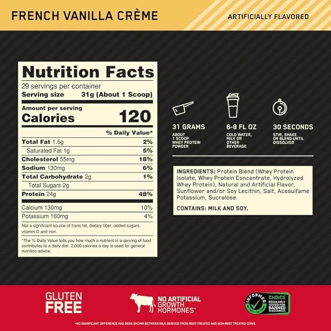 Optimum Nutrition Gold Standard 100% Whey Protein Powder, French Vanilla Creme, 2 Pound (Packaging May Vary)