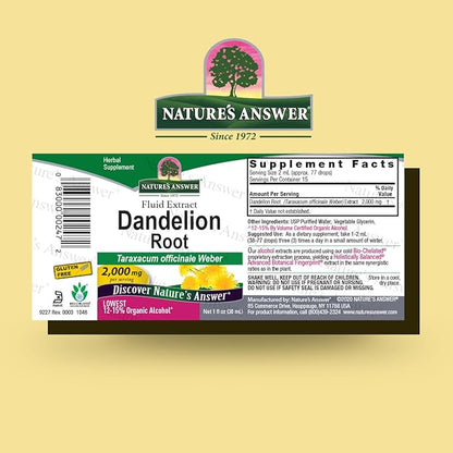 Nature's Answer Dandelion Root with Low Organic Alcohol 2000mg 1oz Extract | Supports Liver Function | Gluten-Free, Kosher, Non-GMO | Single Count