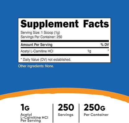 Nutricost Acetyl L-Carnitine (ALCAR) 250 Grams Powder - 1G Per Serving - 250 Servings