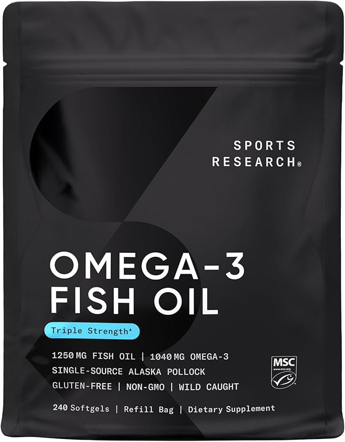 Sports Research Triple Strength Omega 3 Fish Oil - Burpless Fish Oil Supplement w/EPA & DHA Fatty Acids from Wild Alaskan Pollock - Heart, Brain & Immune Support for Men & Women - 1250 mg, 240 ct
