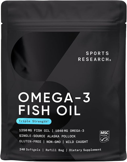 Sports Research Triple Strength Omega 3 Fish Oil - Burpless Fish Oil Supplement w/EPA & DHA Fatty Acids from Wild Alaskan Pollock - Heart, Brain & Immune Support for Men & Women - 1250 mg, 240 ct