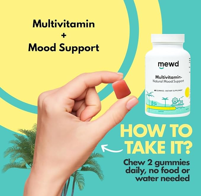 MEWD Adult Daily Multivitamin Gummy which Includes L-Theanine, Iron, Essential Vitamins, Vegan, Gluten Free, 60 Count