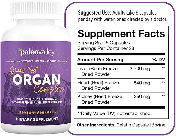 Paleovalley Grass Fed Beef Organ Complex - Freeze-Dried Beef Liver, Heart, and Kidney Blend, 1 Bottle