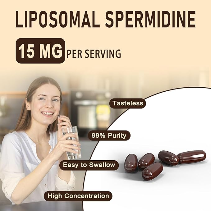 Spermidine Supplement 15 MG - 99% Purity, High Absorption, 1500 mg Fermented Wheat Germ Extract with Zinc & Thiamin, Spermidine for Men & Women - Cellular Renewal, Aging Defense, Energy, 60 Softgels