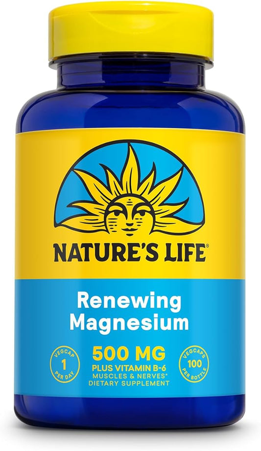 Nature’s Life Renewing Magnesium 500 mg - Magnesium Citrate, Magnesium Malate, Magnesium Oxide Plus Vitamin B-6 - Muscles and Nerves Support - Lab Verified (100 Servings, 100 VegCaps)