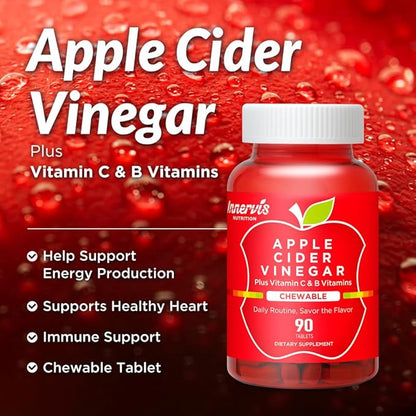Apple Cider Vinegar 90 Chewable Tablets with Multi Vitamin Healthy Heart Immune Support Energy Production Supplement