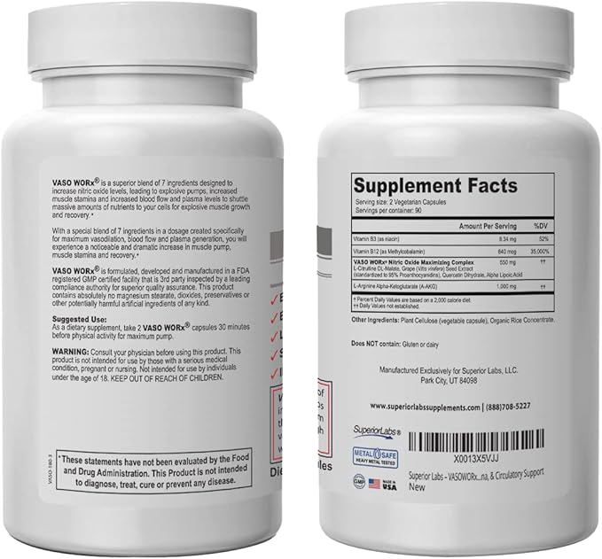 Superior Labs – VASOWORx® – Nitric Oxide Supplement – Extra Strength - 1,600 mg, 180 Vegetable Capsules – 7 Powerful Ingredients – Increased Energy, Stamina, & Circulatory Support
