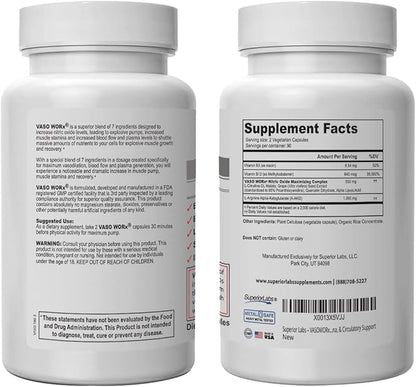 Superior Labs – VASOWORx® – Nitric Oxide Supplement – Extra Strength - 1,600 mg, 180 Vegetable Capsules – 7 Powerful Ingredients – Increased Energy, Stamina, & Circulatory Support
