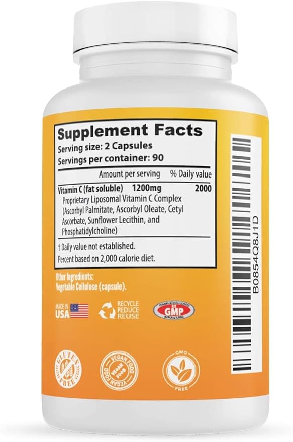 Liposomal Vitamin C Supplement Pills 1200 mg - High Absorption 180 Vegan Capsules Fat Soluble Vit C, Maximum Strength Immunity Support & Collagen Booster, Sunflower Lecithin , lypo spheric (2)