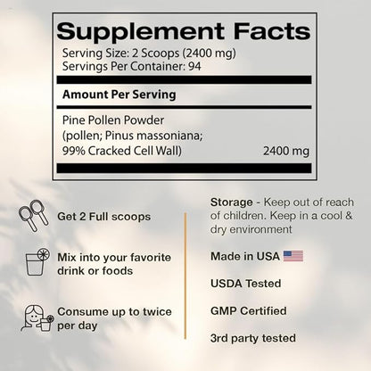 Pine Pollen Powder Wild Harvested - 99% Cracked Cell Wall (8oz/227g) Supports Healthy Energy & Longevity