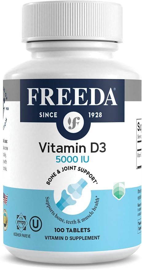 FREEDA Vitamin D3-5000 IU - Pure High Potency Kosher Supplement Tablets - Bone and Muscle Health, Calcium Absorption, Immune Support for Men and Women* - 100 Count