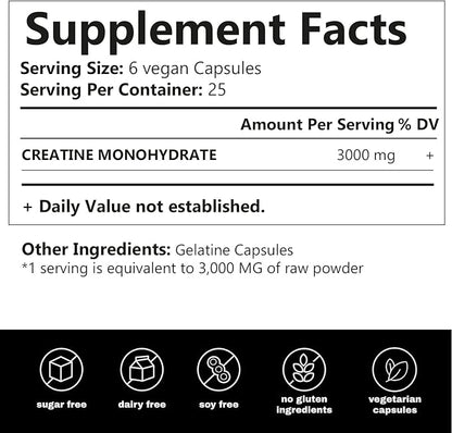 Creatine Monohydrate 3000 MG 150 Capsules | Dietary Supplement | Extra Strength Natural Formulation | Support Strength & Energy