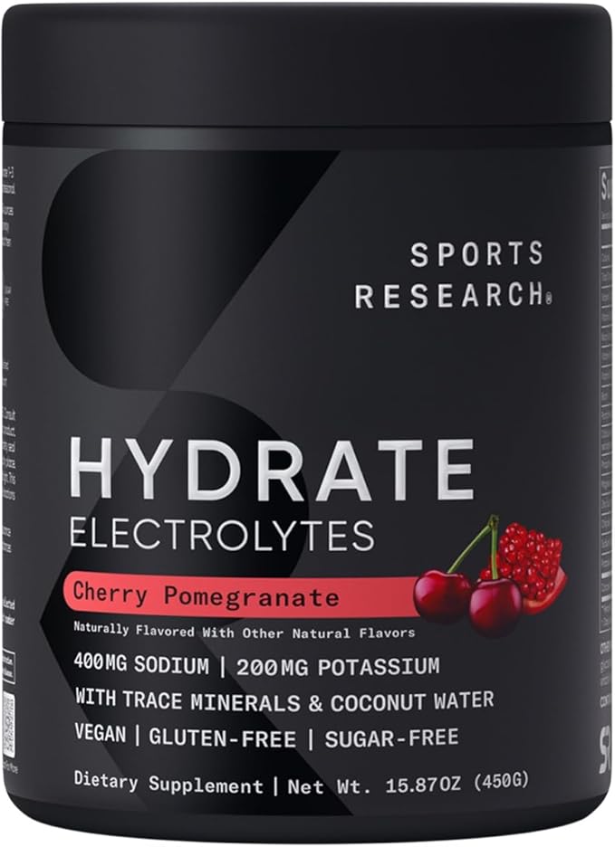 Sports Research Hydrate Electrolytes Powder - Sugar-Free & Naturally Flavored with Vitamins, Minerals, and Coconut Water - Supports Hydration - Cherry Pomegranate