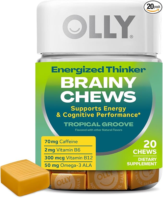 OLLY Energized Thinker Brainy Chews, 70mg of Caffeine, Vitamin B12 & Omega-3, Energy Supplement, Tropical, Vegetarian, 20 Count