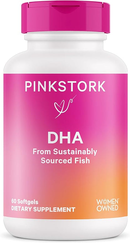 Pink Stork Omega-3 DHA - 540 mg Fish Oil Supplements with DHA and EPA, Prenatal and Postpartum Essentials for Cognitive Health + Fetal Development - 60 Softgels - Packaging May Vary