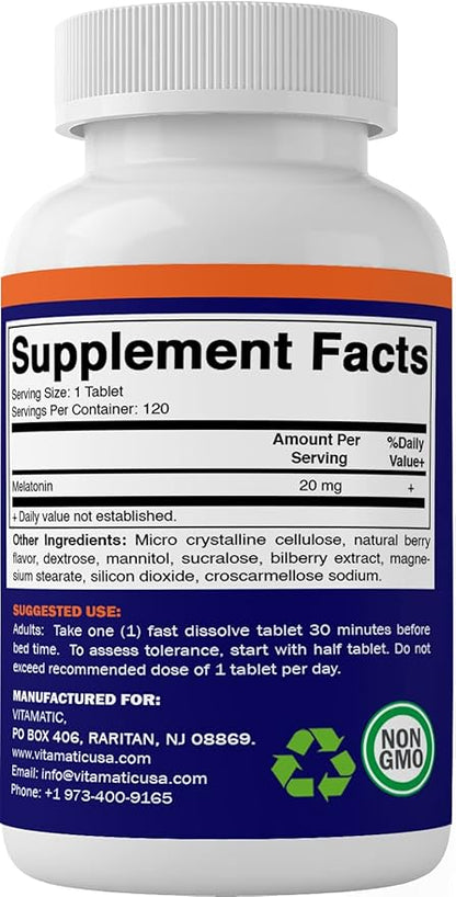 Vitamatic Melatonin 20mg Tablets | Vegetarian, Non-GMO, Gluten Free | HIGH Potency 20 MG | Natural Berry Flavor (1/2 Tablets = Melatonin 10mg) (120 Count (Pack of 6))