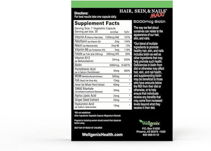 Purvana Max Hair, Skin, and Nails Vitamin - 5000mcg Biotin, Folic Acid, DMAE, Grape Seed Extract - One a Day Vegan Hair, Skin, Nails Support - Promotes Collagen Production - 30 Caps (Pack of 2)