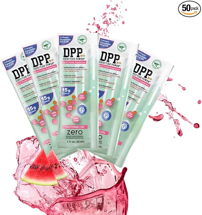 Nutritional Designs DPP Dipeptide Power Liquid Collagen & Whey Protein Supplement, Sugar-Free, Promotes Healthy Skin & Hair for Men & Women, Watermelon, Single Serve Packet, 1 oz (50 Packets)