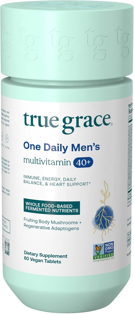 True Grace Men's 40+ One Daily Multivitamin Fermented Minerals, Organic Adaptogens & Mushrooms Whole Body Balance Immune, Endurance, Bone & Heart Support Supplement - Non-GMO - 60 Vegan Tablets