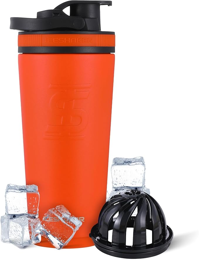 Ice Shaker Insulated Stainless Steel Shaker Bottle | 26oz, Orange | Cold for 30+ Hours | Insulated Cup with Twist-on Agitator | Odor-Free Shaker Cup for Protein Shakes, Water, Smoothies, Cocktails