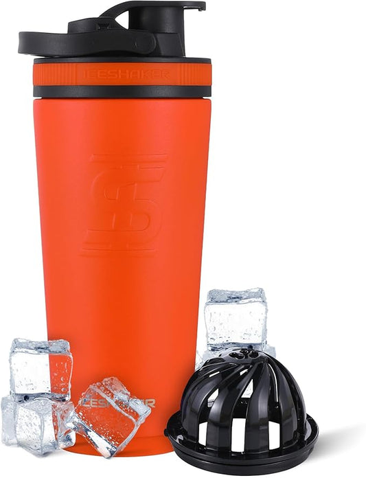 Ice Shaker Insulated Stainless Steel Shaker Bottle | 26oz, Orange | Cold for 30+ Hours | Insulated Cup with Twist-on Agitator | Odor-Free Shaker Cup for Protein Shakes, Water, Smoothies, Cocktails