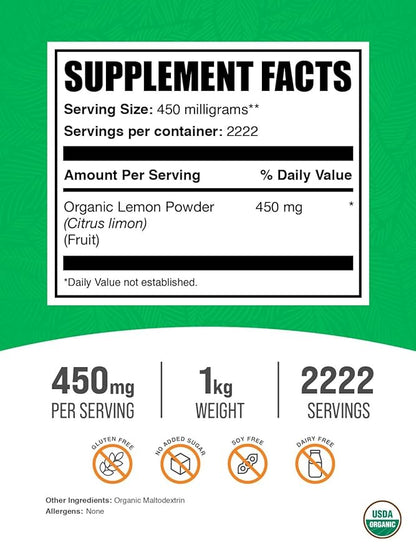 BulkSupplements.com Organic Lemon Powder - Natural Vitamin C Source, Fruit Powder, Lemon Flavoring - for Immune Support, Gluten Free, 450mg per Serving, 1kg (2.2 lbs) (Pack of 1)