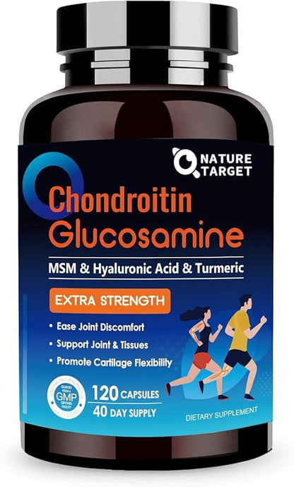NATURE TARGET Glucosamine Chondroitin MSM, Joint Support Supplement, Shellfish Free, Turmeric Boswellia, Hyaluronic Acid, Collagen, Calium for Cartilage and Bone Health,120 Capsules, 40 Servings