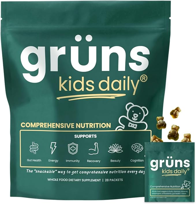Gruns Kids Super Greens Gummies, Low Sugar - Superfood Gummy Bears with Spirulina, Chlorella & Prebiotics for Digestive Health - Adaptogens Supplement with 20 Vitamins & Minerals -1 Month Supply