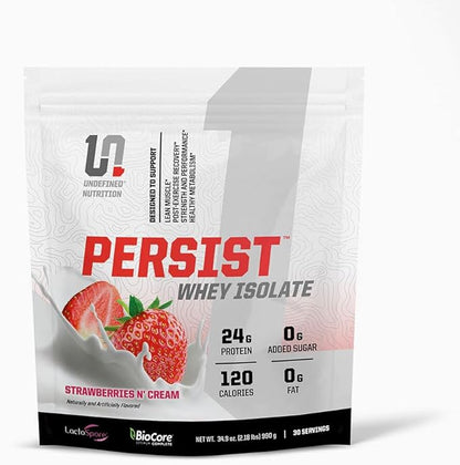 Undefined Nutrition Persist Whey Isolate by Brian Shaw - 24g Protein, 30 Servings – Supports Recovery, Strength & Performance - Gluten Free, Fast Absorbing (2.18lbs, Strawberries N' Cream)