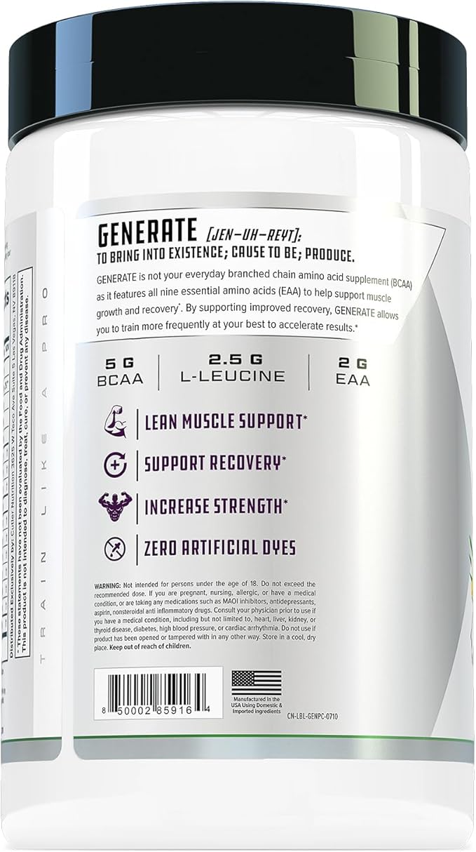 Cutler Nutrition Generate EAA and BCAA Powder: Best Branched Chain Amino Acids Supplement with Essential Amino Acids, 5g BCAAs, 2g EAAs for Lean Muscle Mass | Pina Colada, 30 Servings