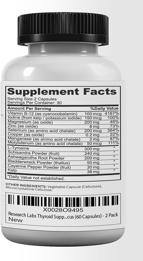 Research Labs Thyroid Support + Iodine Supplement - Energy, Metabolism, Focus (120 Total Capsules) - 2 Pack. Supports Proper Hormone Levels for Overall Well-Being. Made in USA.
