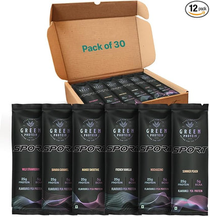 Sport Pea Protein Isolate Powder, Dairy, Gluten, Allergen, Soy Free 6 Flavors x 5 Sachets 100% Vegan Plant Protein | Sport Multi Pack 30