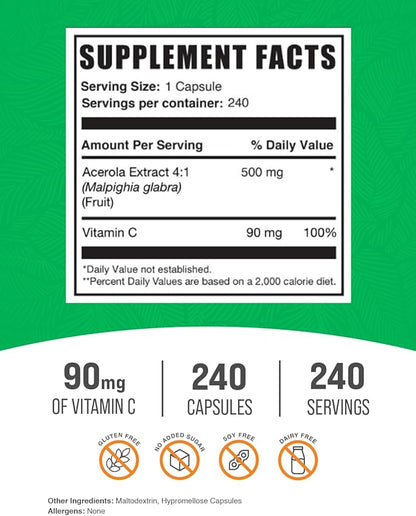 BulkSupplements.com Vitamin C from Acerola Cherry Capsules - Acerola Cherry Vitamin C Supplement - Gluten Free, 1 Capsule per Serving, 240 Veg Capsules (Pack of 1)