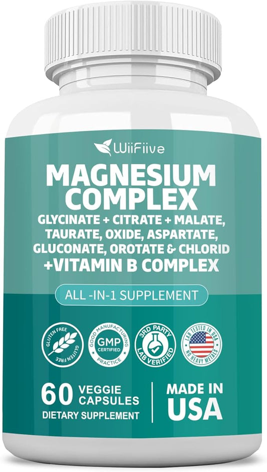 Magnesium Complex Supplement, Clycinate 141mg Oxide 228mg Malate 58.5mg Citrate 62.4mg with Orotate Glycina Taurate Chloride Aspartate Gluconate Vitamin B, Max Absorption, Gluten-Free, Non-GMO