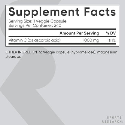 Sports Research High Potency Vitamin C Supplement - Vegan Veggie Capsules for Antioxidant Activity & Immune Support - Non-GMO Verified & Gluten Free - Ascorbic Acid Vitamin C 1000mg, 240 Count
