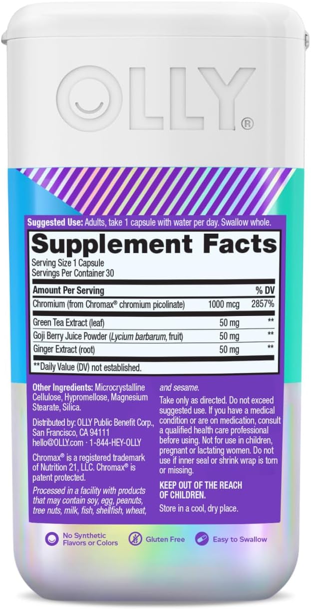 OLLY Combat Cravings, Metabolism & Energy Support Supplement,1000 mcg Chromium, Green Tea, Goji Berry, Ginger - 30 Count