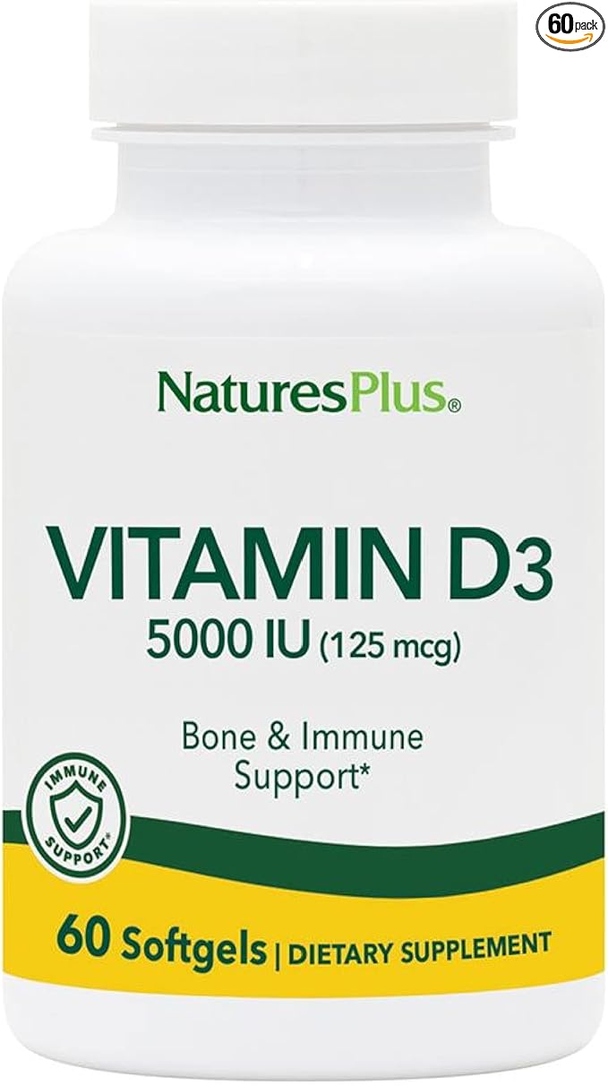 Natures Plus Vitamin D3 (Cholecalciferol) - 5000 iu, 60 Softgels - Bone Health, Heart Health & Immune System Support Supplement, Bioavailable Active Form - Gluten-Free - 60 Servings