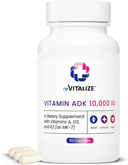 REVITALIZE ADK Vitamin Supplement 10,000 IU - 90 Servings, High Potency Vitamin A, D3 & K2 (MK-7) for Bone Strength | Supports Heart Health and Immune Function - Convenient Capsule Form
