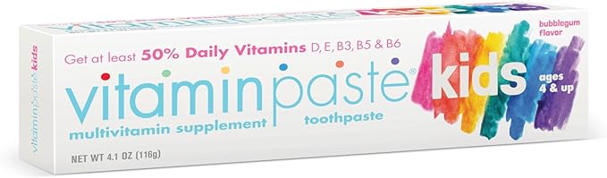 Kids Toothpaste with Daily Multivitamins B3, B5, B6, D, E, Xylitol, Calcium, Fluoride Free, Fresh Breath, Fights Tarter, Anti-Cavity, Safe to Swallow, 4.1oz, Bubble Gum Flavor, 2-Pack