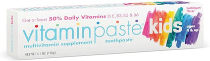 Kids Toothpaste with Daily Multivitamins B3, B5, B6, D, E, Xylitol, Calcium, Fluoride Free, Fresh Breath, Fights Tarter, Anti-Cavity, Safe to Swallow, 4.1oz, Bubble Gum Flavor, 2-Pack